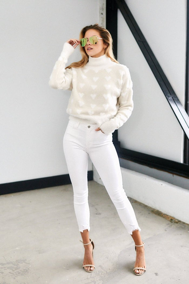 Paris Heart Print Turtle Neck Sweater